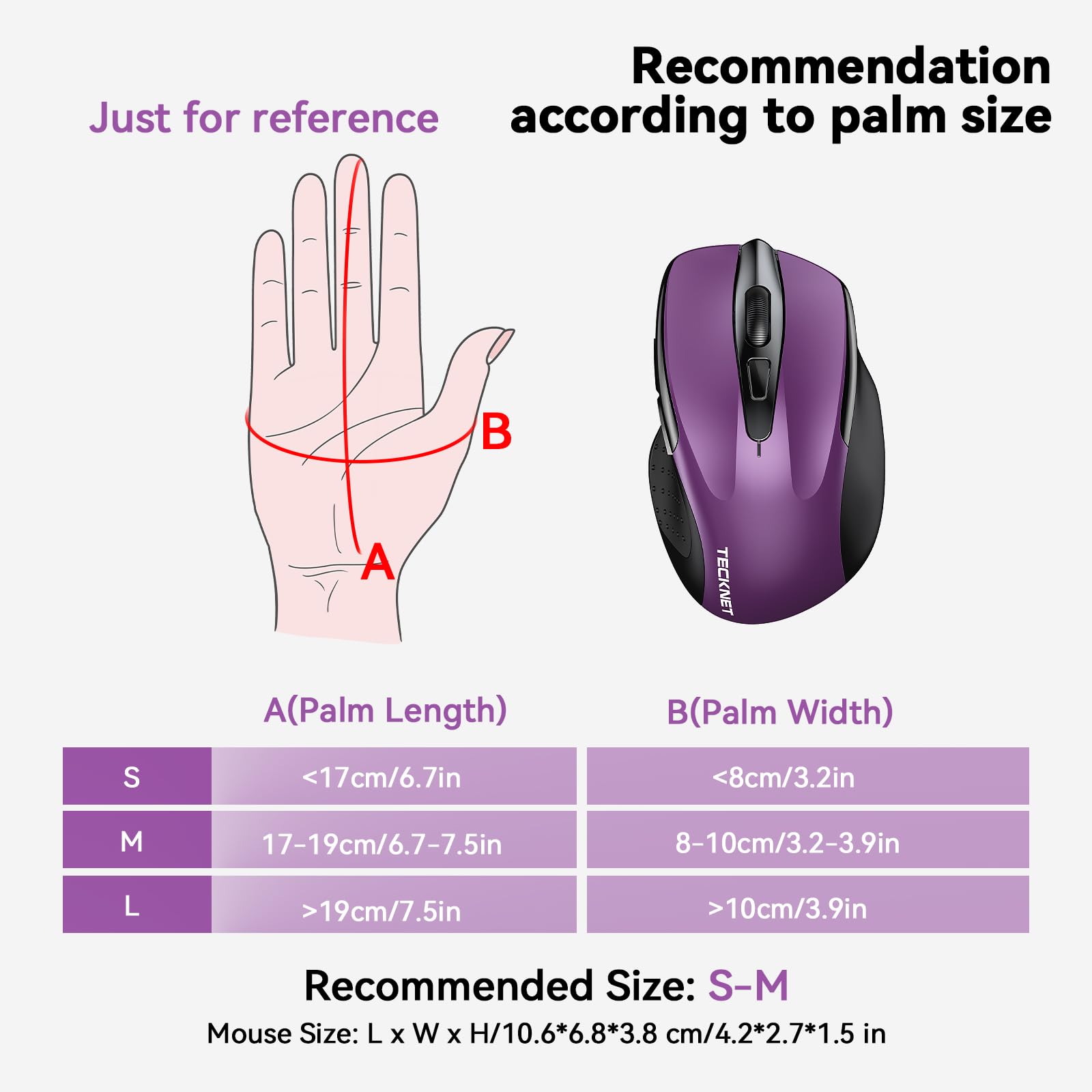 TECKNET Wireless Mouse, BT 5.0/2.4G, Silent 4800 DPI 6 Buttons, Purple