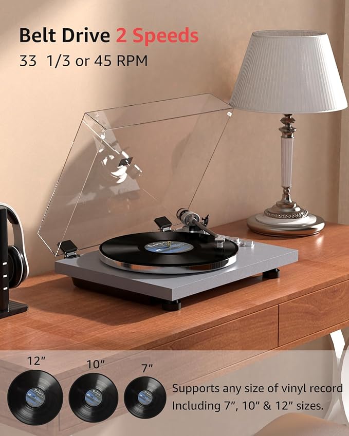 Turntable Record Player Wireless Output Carbon Fiber Tonearm Vinyl Player Aluminium Platter Belt-Drive LP Turn Tables 33 1/3&45 RPM Phono Level Audio RCA Line Output AT-3600L MM Cartridge Grey