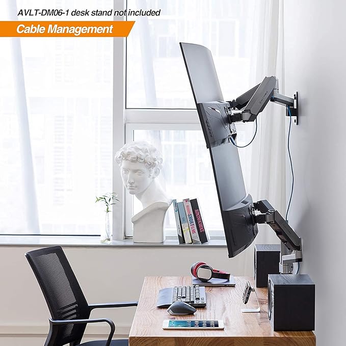 AVLT Dual Monitor Arm Wall Mount for 13-32" Screens, Full Motion - Silver