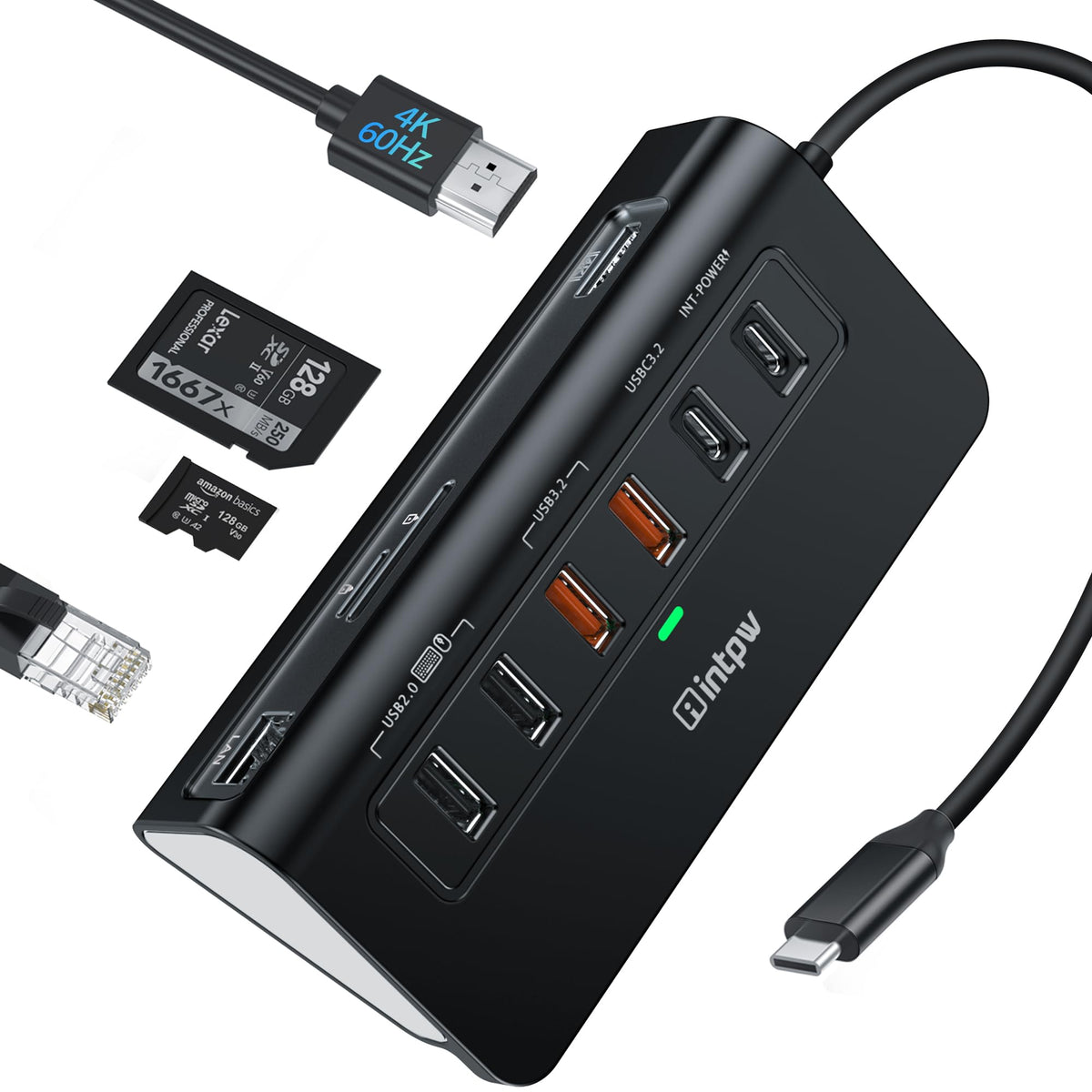 USB C Hub, intpw 9-in-1 USB Multiport Adapter with 4K HDMI, PD 100W, USB-C and 2 USB A 3.0 5Gbps, 2 USB A 2.0, SD/TF Slots for MacBook Pro/Air, iPad Pro, iPhone 15/16 Series