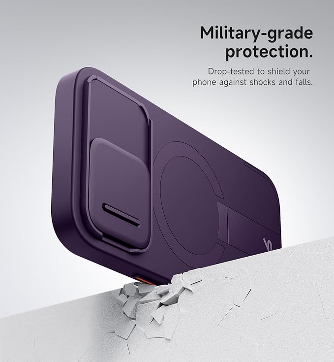 SURITCH for iPhone 15 Pro Case with Magnetic Camera Slide Cover and Adjustable Kickstand, Compatible with MagSafe, Shockproof Bumper Case Slim Protective Cover 6.1 Inch, Dark Purple