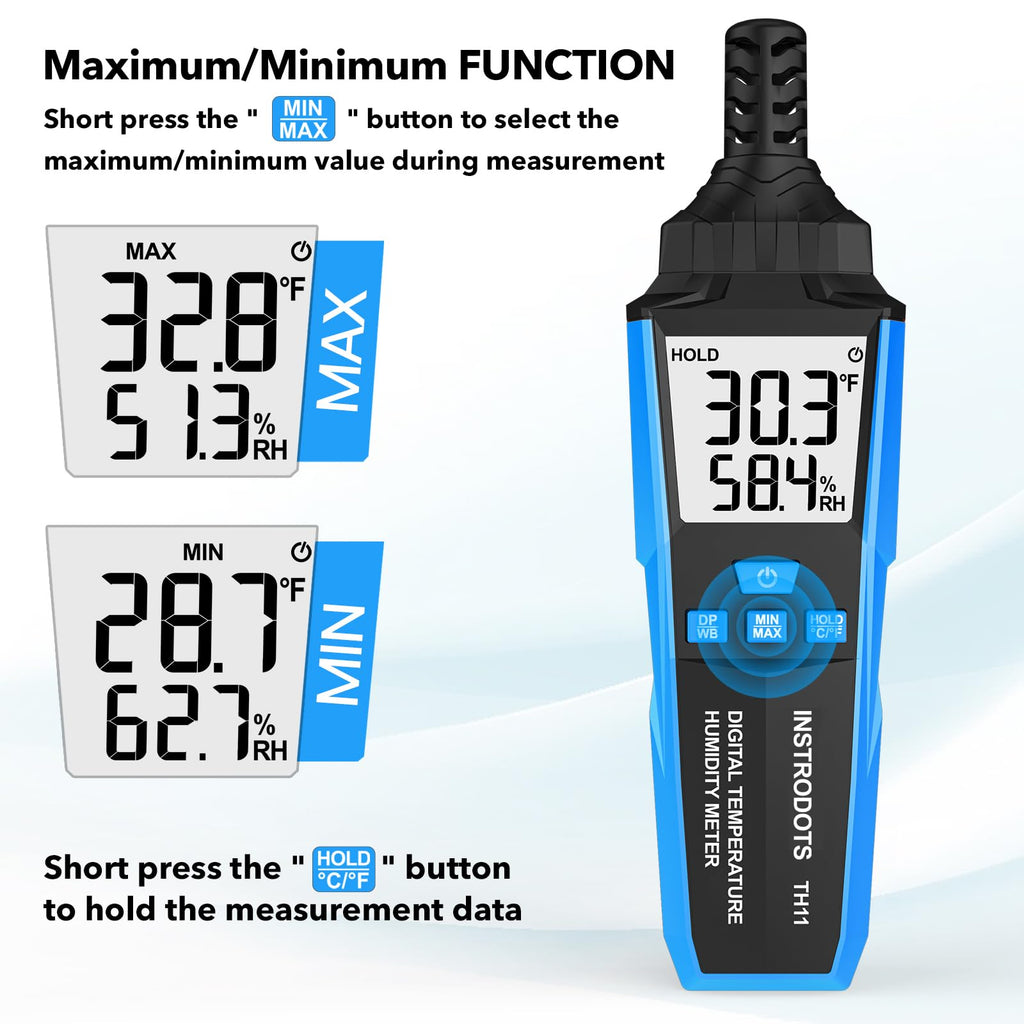 INSTRODOTS Temperature Humidity Meter, High Precision Digital Hygrometer with Ambient, Dew Point, Wet Bulb Temperature for Indoor Outdoor, Thermometer with Min/Max, Data Hold, LCD Backlight, TH11