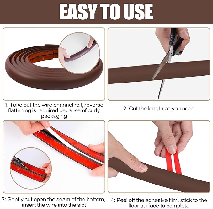 Floor Cord Cover Self Adhesive Cord Hider,3.3FT Cable Management, Extension Strip Protector for Wires, Prevent Cable Trips for Offices, Gyms, Exhibitions Cavity:0.3"(W) x 0.28"(H) Coffee