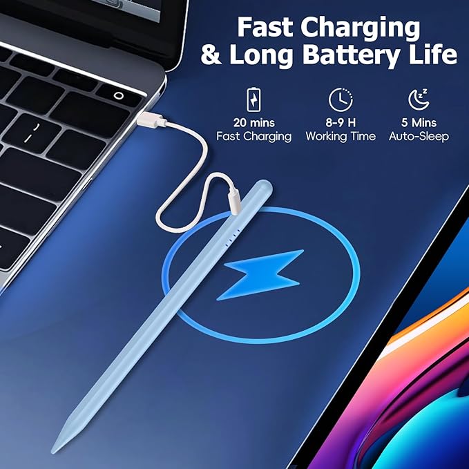 Stylus Pen for iPad (2018-2025),20 Mins Fast Charge for Pad Pencil with Tilt Sensitivity & Palm Rejection,Compatible with iPad 6/7/8/9/10/A16, Air3/4/5/M2/M3, Mini5/6, Pro 11"/12.9"/M4,Blue