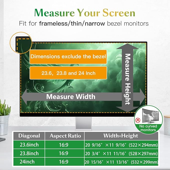 Magnetic Computer Privacy Screen Filter 24 Inch for Frameless Monitor Thin Bezel 16:9 Widescreen, 24in Hanging Removable Anti Blue Light Eye Protection Shield, Anti Spy Protector Panel