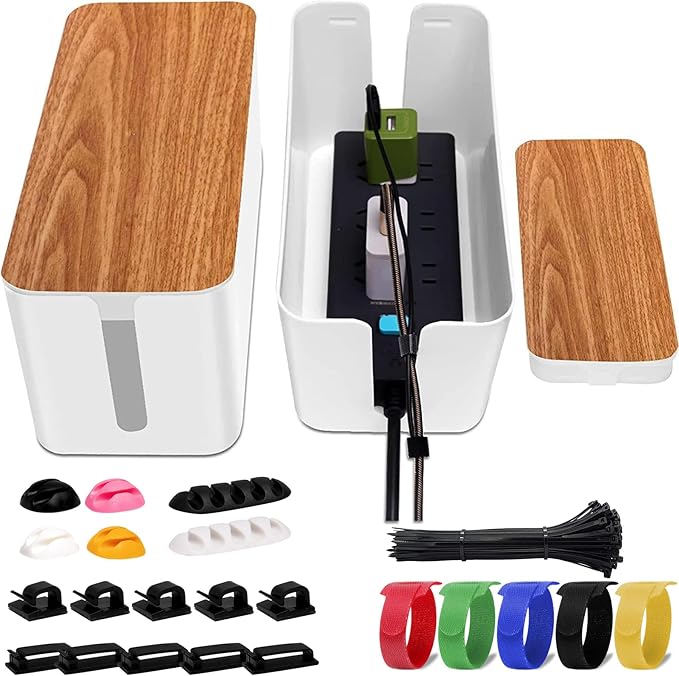 YUANYE Cable Management Box 2 Pack with 122 Cable Clips Set, Large Cord Organizer Box Hide Power Strip for Computer, Router, USB Hub and Under Desk Power Strip, Safe ABS Material Cord Management