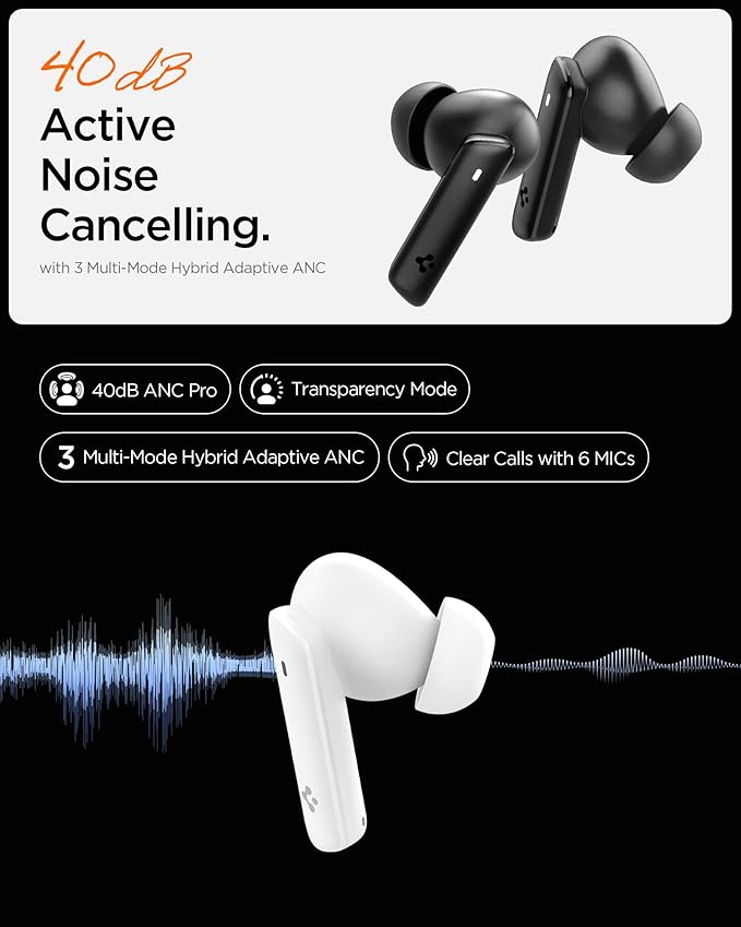 Spigen True Wireless Earbuds, Active Noise Cancellation Bluetooth Headphones with 30H Playtime, EQ Customizing App, 6 Mics, Gaming Mode, LCP Graphene Driver - White
