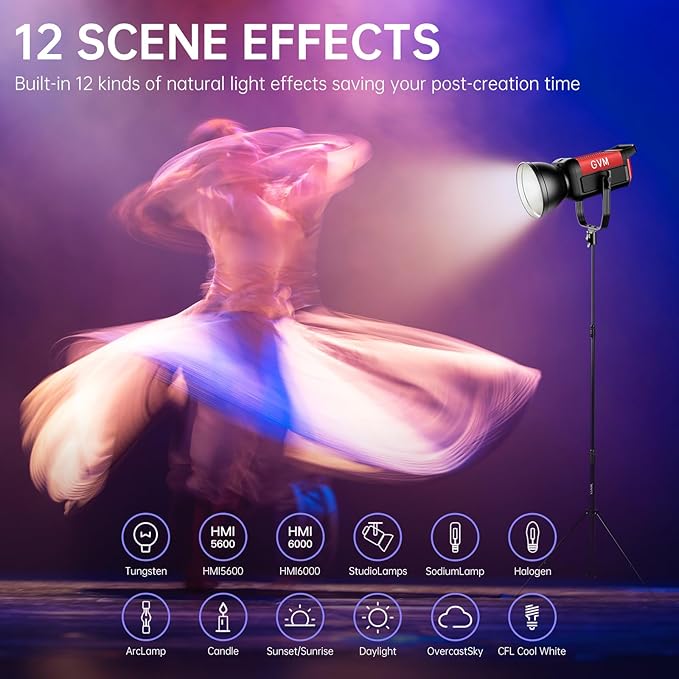 GVM 300C RGB Video Light, 300W Studio Light 2000K-10000K,48,200 Lux@ 1m with Reflector Photography Lighting with Bowens Mount & DMX Control, Studio Light for Film Recording,16 Lighting Effects
