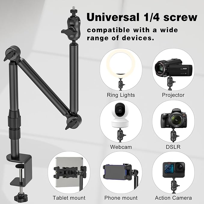 Overhead Camera Mount for Desk, 30.9" Foldable Camera Desk Mount Stand with 1/4" Screws, 360° Rotation 3-Sections Tabletop Holder with C-Clamp for DSLR, Digicam, Webcam, Mini Projector, Microphone