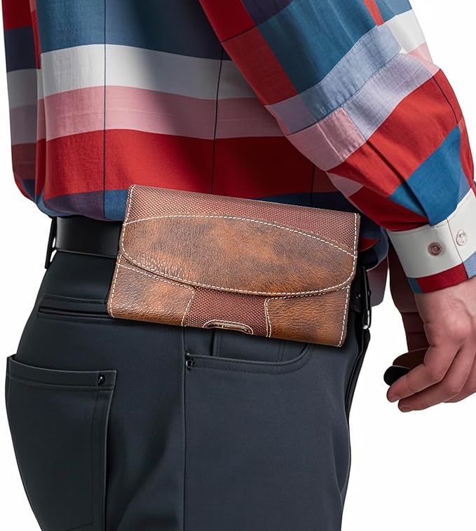 Leather Phone Holster for Men with Belt Clip, Cell Phone Holder for Galaxy A06/F06/M06/F14/XCover7/Moto Defy 2/BLU G64/TCL 60R/HMD Key,Belt Pouch Case Magnetic Closure (Brown-XXL)