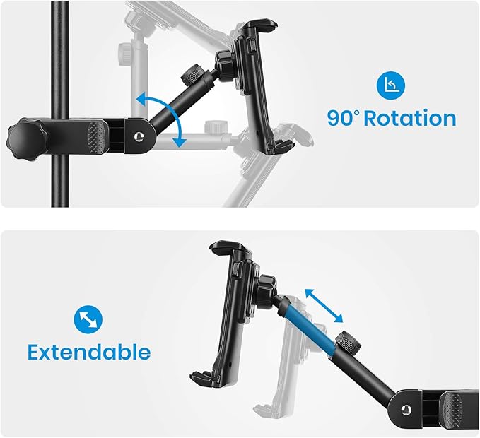 Moukey Tablet Holder for Microphone Stand, Adjustable Mic Music Stand Phone Holder Mount, Compatible with iPad, iPhone, Android, All 4.7 to 12.9 Inches Tablets & Smartphones
