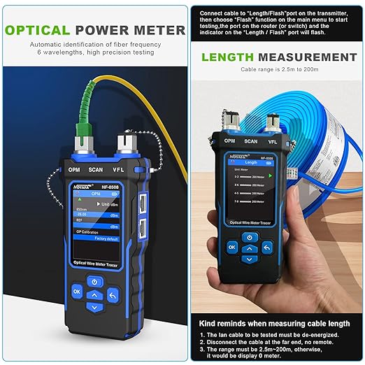 NOYAFA NF-8508 Network Cable Tester with Optical Power Meter, CAT5 CAT6 Cable Toner Ethernet Cable Tester, RJ45 Network Tester, VFL PoE QC Test Wire Tracer Port Flashing 200M Length Test