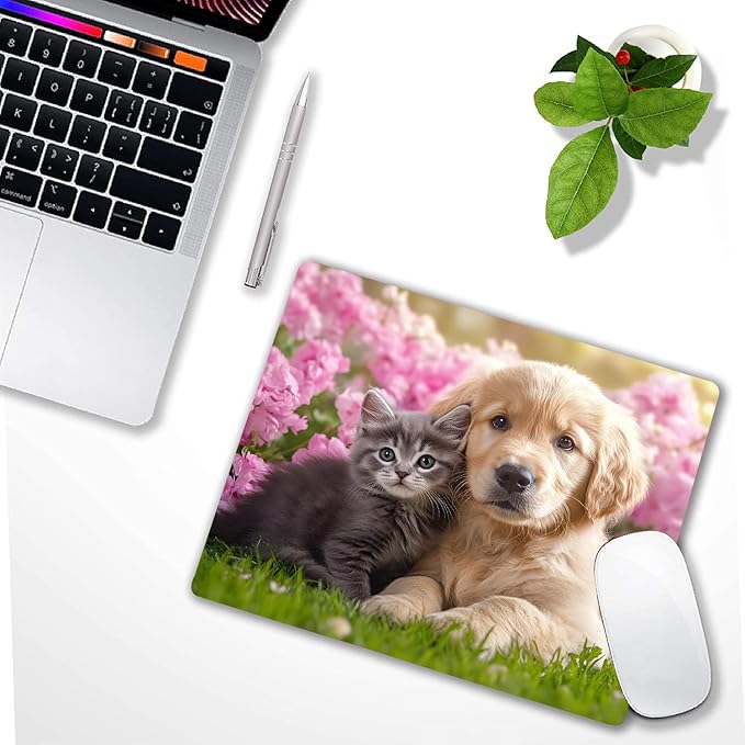 Kawaii Cat and Dog Custom Mouse Pad with Non-Slip Rubber, Small Square Design for Wireless Laptop & Computer Mouse Pads for Desk, 9.5 x 7.9 inch Smooth Surface for Gaming & Office