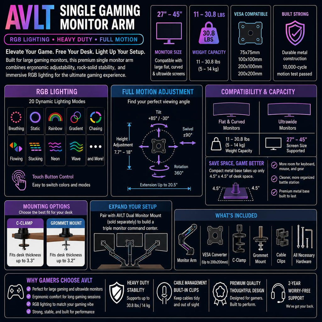 AVLT Single 27”-45” RGB Gaming Monitor Arm Desk Mount -Black
