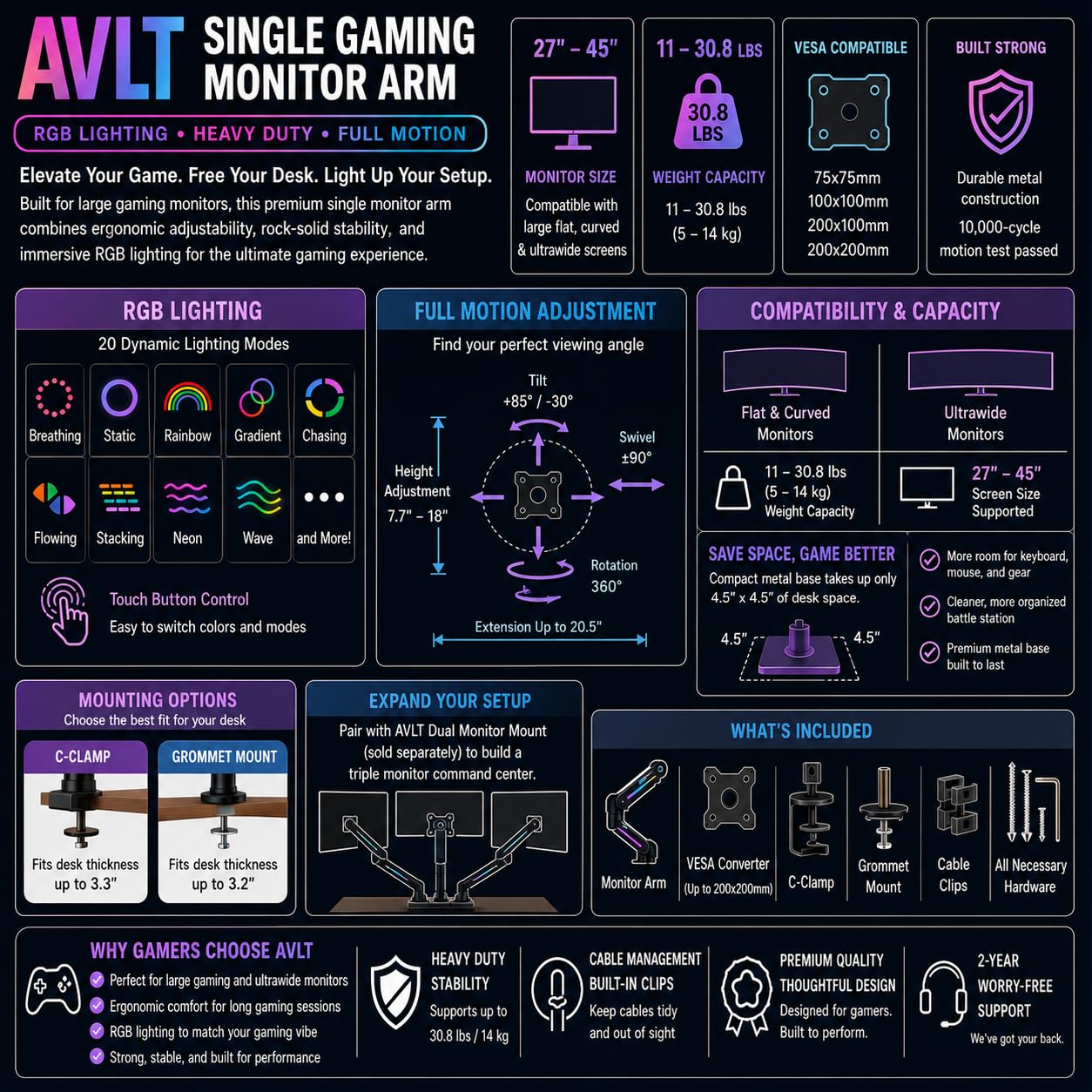 AVLT Single 27”-45” RGB Gaming Monitor Arm Desk Mount -Black