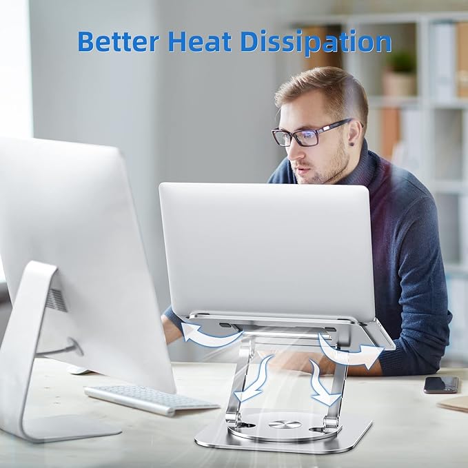 Adjustable Laptop Stand for Desk, Ergonomic Riser with 360° Rotating Base, Foldable Notebook Computer Holder Compatible MacBook Air Pro, Dell XPS, More 10-17" Laptops, Silver