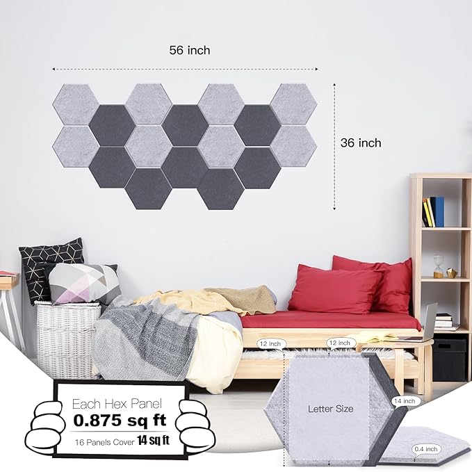 Mollywell Hexagon Acoustic Panels, High Density, Soundproofing, Decorative Noise Reduction Felt Wall Tiles for Ceilings, Home Office & Gaming Room (Moon and Silver Gray), 14x12x0.4 Inch