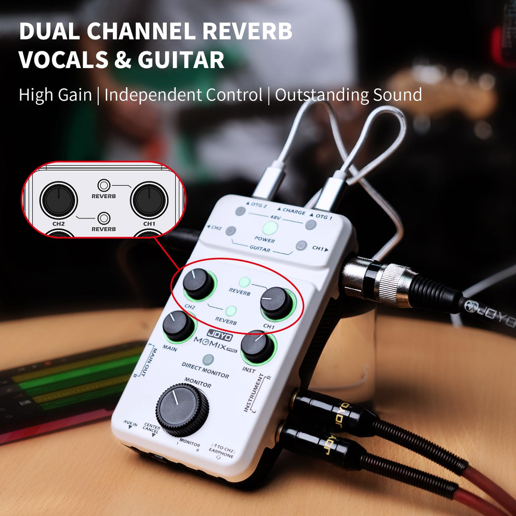 JOYO Portable Audio Mixer Rechargeable USB Audio Interface with 48V Phantom Power, Stereo Output for Live Streaming, Guitar & Vocals on iPad/Phone (MOMIX PRO)