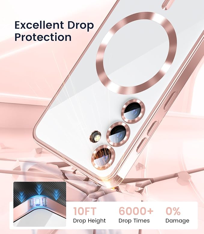 Slim Thin for Samsung Galaxy S25 Plus Case, Compatible with MagSafe, Built-in Camera Lens Protector, Shockproof Protective Phone Case, Soft Electroplated Clear Cover, Rose Gold