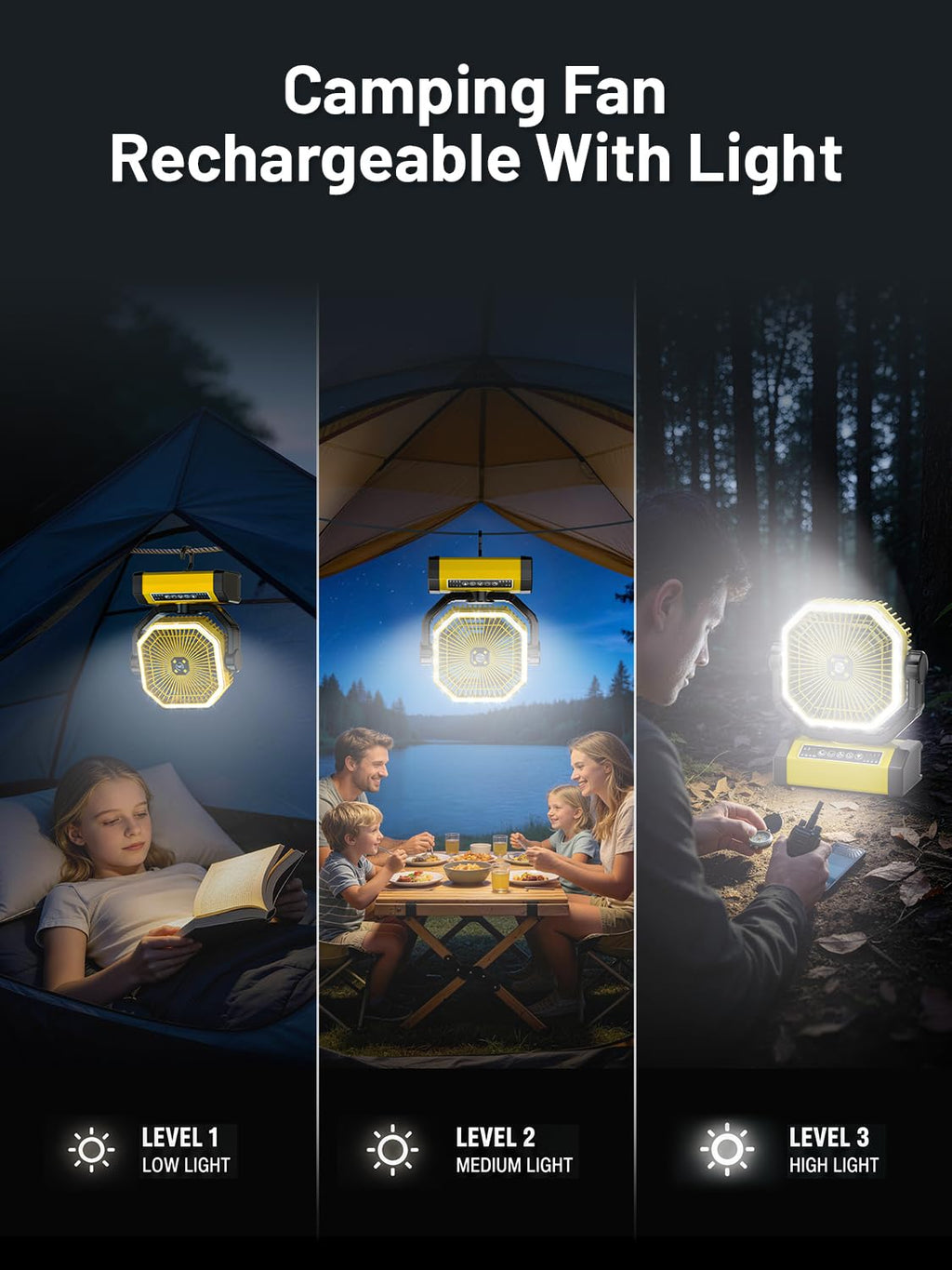 Battery Powered Fan - 9-Inch Rechargeable Fan Portable, 24000mAh(60Hrs) Camping Fans for Tent, Auto Oscillation Cordless, Tent Fans for Camping with Remote/light, 4 Speeds, 4 Timing, Outdoor, Yellow