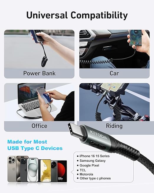USB A to USB C Cable 3FT/6FT, Coiled USB C Cable for Car, 66W USB C Cable Fast Charging 3A USB C iPhone Cable Compatible with iPhone 16/15/Samsung Galaxy S20 S10 Plus Note 10 9 and More USB C Devices
