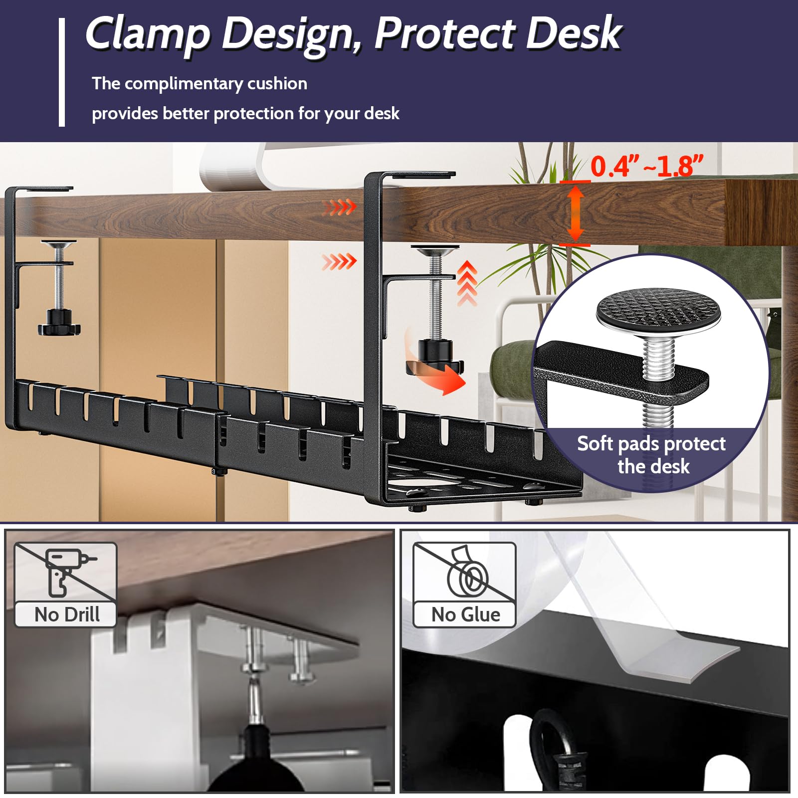 Shikha Cable Management Under Desk, 15.7"-31" Retractable Cable Management Tray, No Drilling Cord Organizer with Clamp for Desk, Under Table Wire Management Tray for Home Office