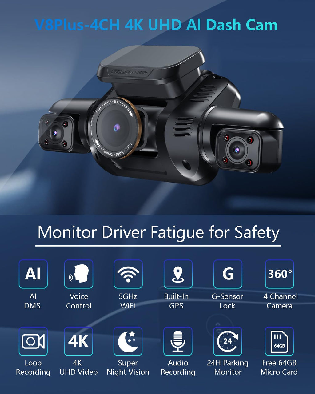 HUPEJOS AI 4K Dash Cam Front and Rear, 4 Channel 360° View Camera for Car