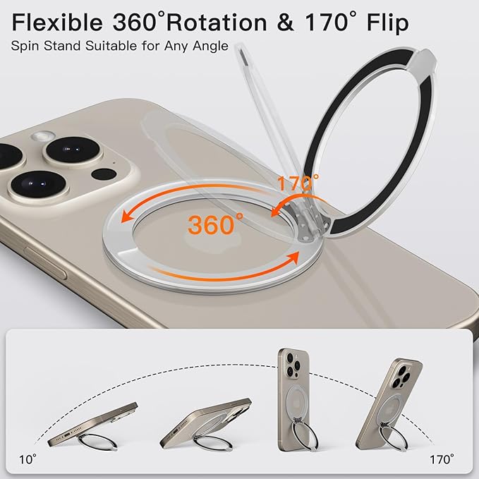 COOLQO 4Pcs 360 Spin Cell Grip Ring Phone Stand [Upgrade Gear Hinge Stress Anxiety Relief] Magnetic Holders for Your car Accessories Desk Mount Compatible with iPhone All Smartphones, Silver