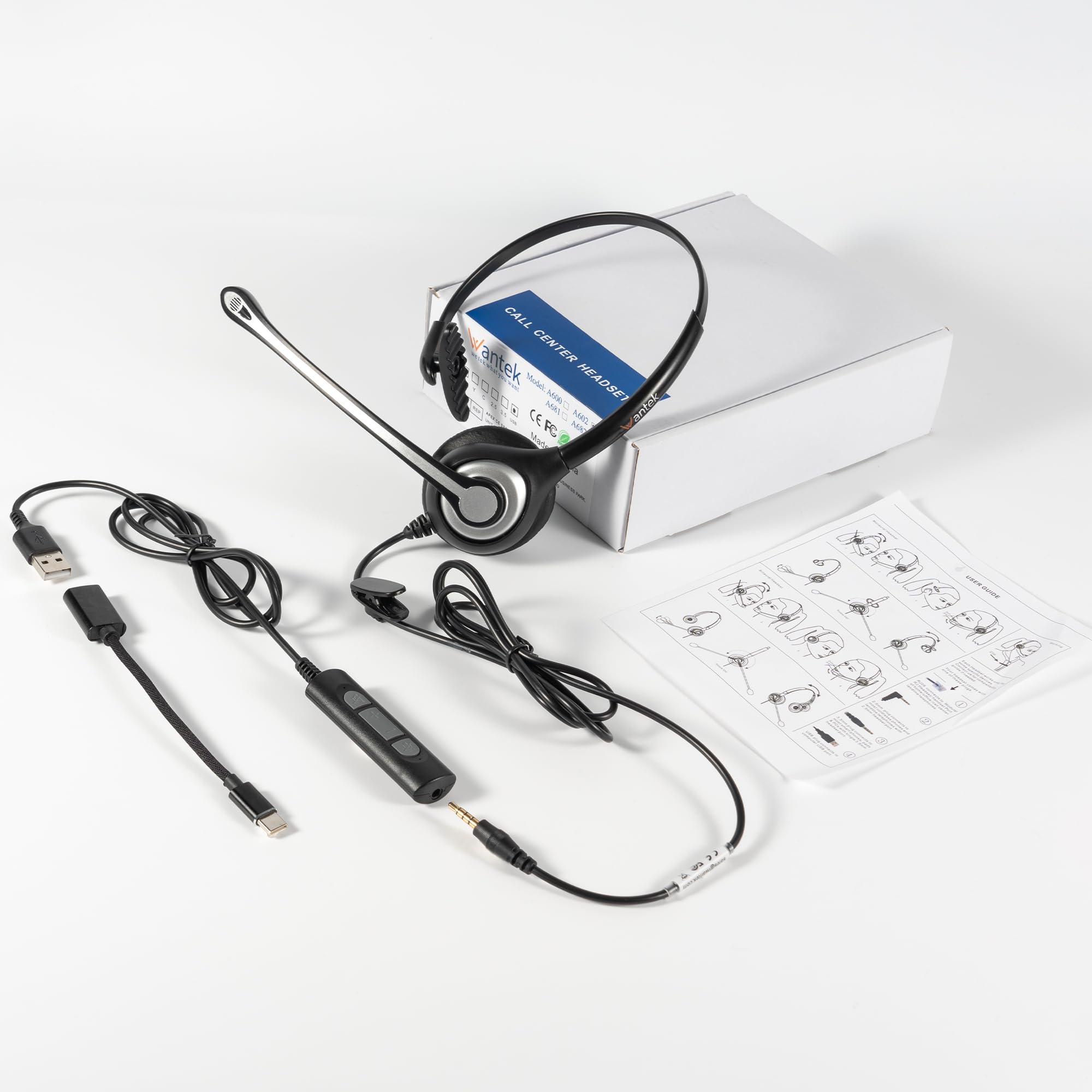 Wantek 3-in-1 USB/3.5mm/Type-C Headset with Noise Canceling Mic, Mono Computer Headphones with in-Line Controls for PC, Laptop, Office