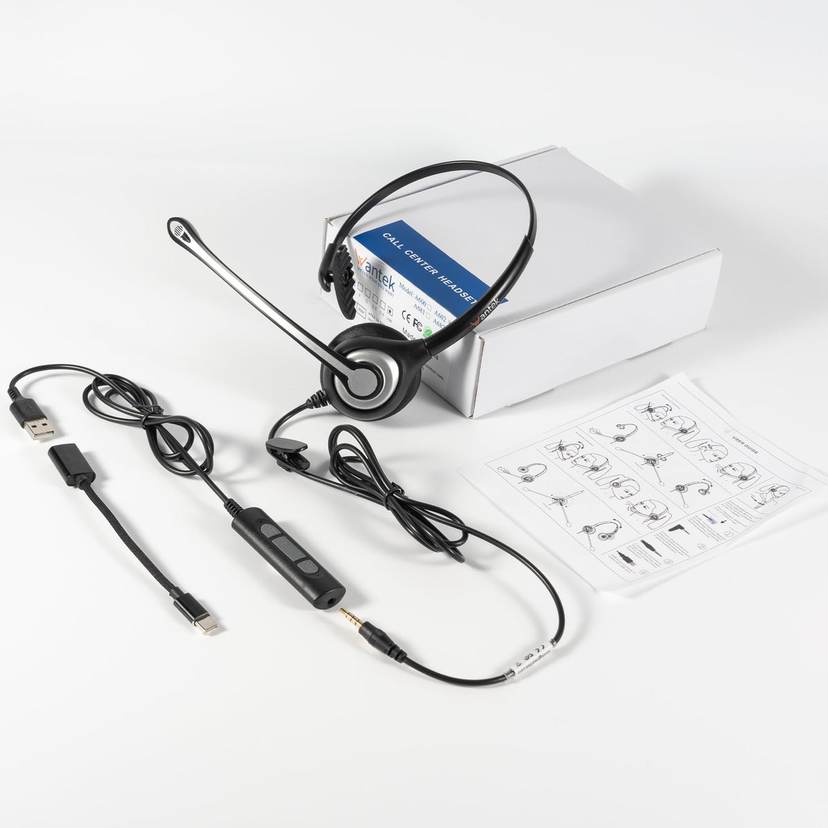 Wantek 3-in-1 USB/3.5mm/Type-C Headset with Noise Canceling Mic, Mono Computer Headphones with in-Line Controls for PC, Laptop, Office