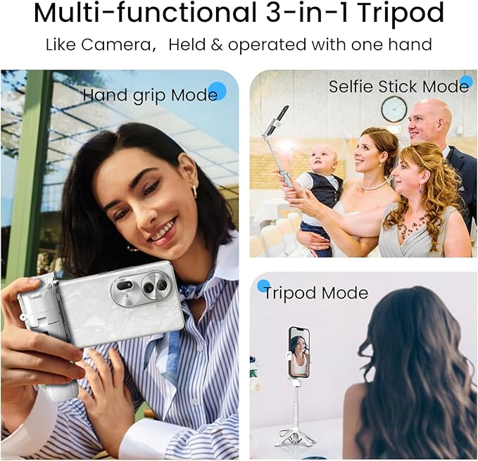 Portable Selfie Stick Tripod with Remote, 3-in-1 Pocket Size Phone Tripod Grip with 2 Cold Shoes, Mini Selfie Stick for iPhone Android, Phone Holder for Vlog, Livestreaming, Photography