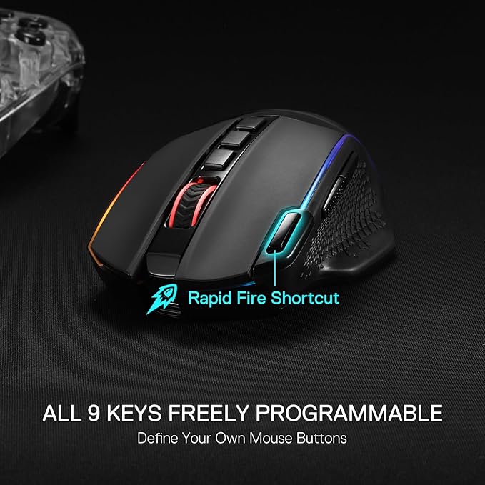 Redragon M991 Wireless Gaming Mouse, 26000 DPI 3-Mode Gamer Mice w/Rapid Fire Key, 9 Macro Buttons, Powerful Capacity and RGB Backlight for PC/Mac/Laptop, Black