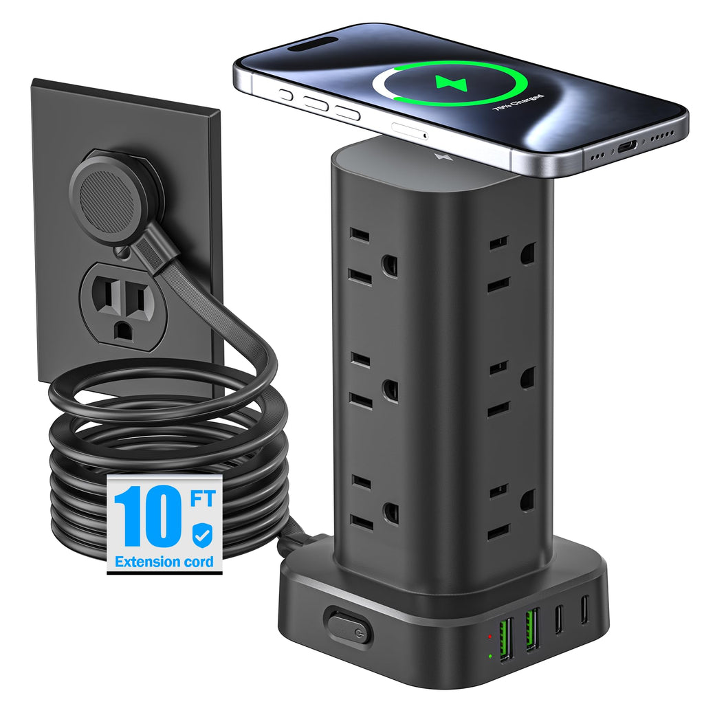 Tower Power Strip with 15W Wireless Charger, 10FT Flat Plug Extension Cord with Multiple Outlets, 12 AC Outlets, 4 USB Ports (2 USB C) Charging Station Surge Protector for Office Home Dorm Room(Black)