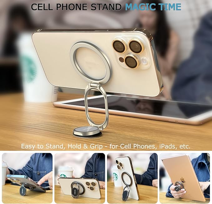 Magnetic Phone Grip Compatible with MagSafe Ring Holder, Metal Double Adjustable Gym Finger Ring Grip and Stand, Removable Phone Grip for iPhone, iPad and Smartphones (Natural Titanium)