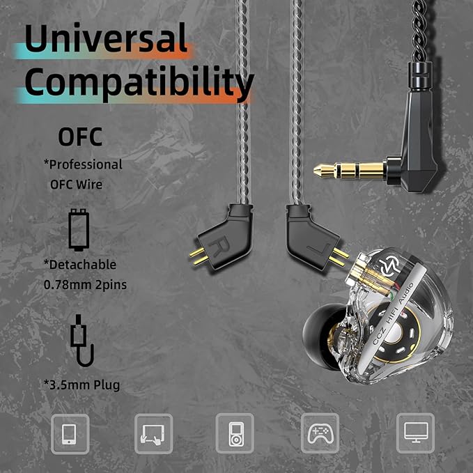 CCZ DC01 Pro Gaming Earbuds, Professional iem for Gaming, Super Bass in Ear Monitor Headphone Wired Earphone with 1DD, Patent Ear fin Eartips, for School Student Laptop Podcaster(Purple-Blue with mic)