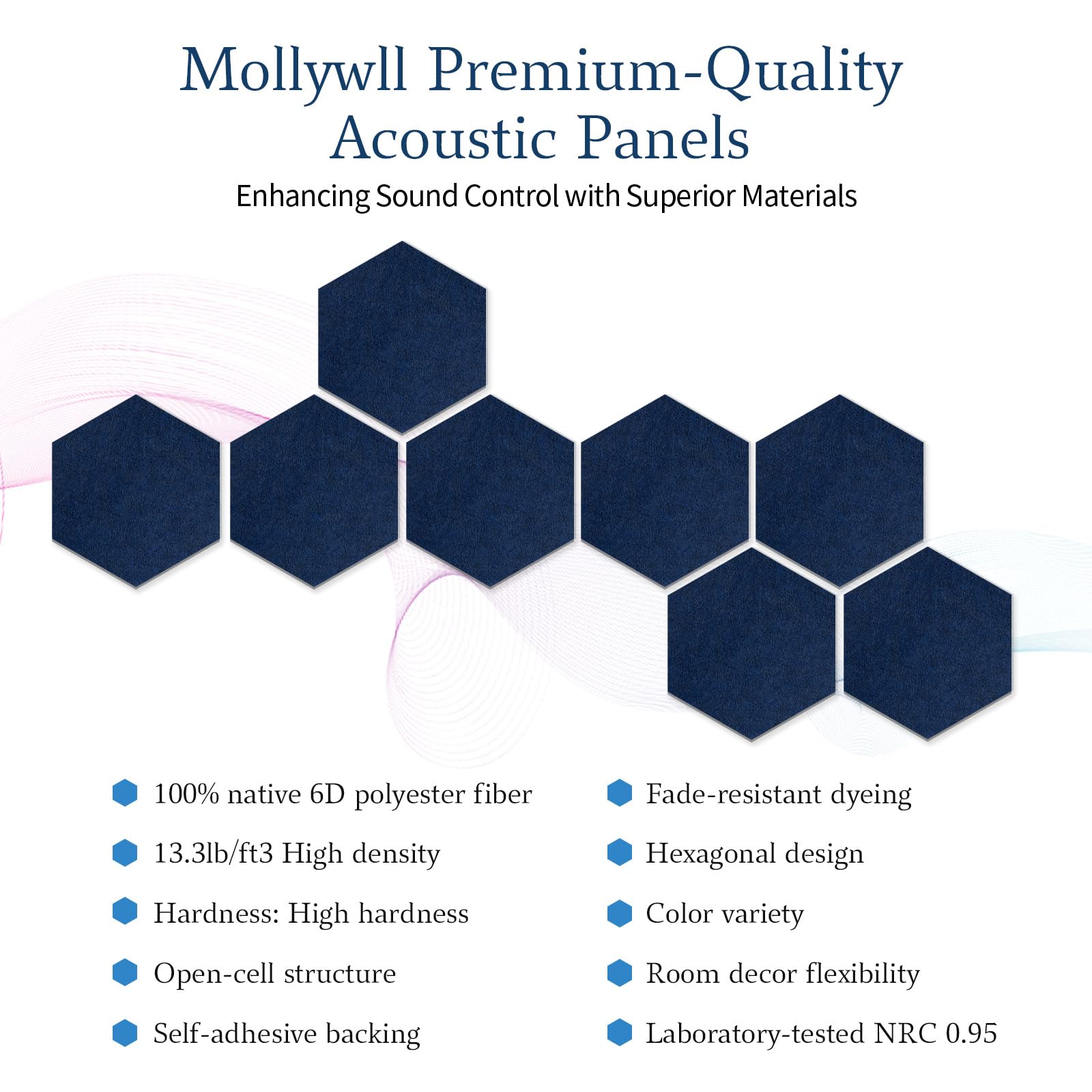 Mollywell Hexagon Acoustic Panels, Deep Blue, 8 Pack, 14x12 in