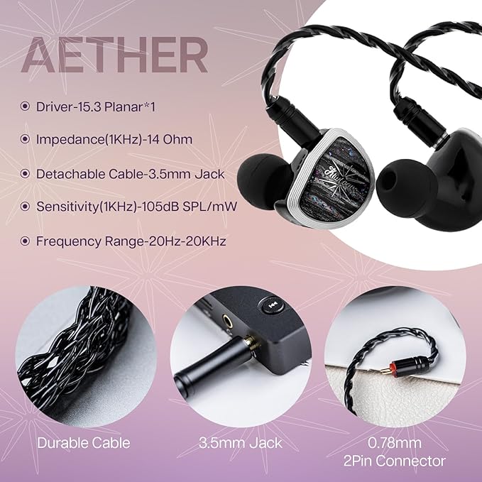 Linsoul Kiwi Ears Aether in Ear Monitor, 15.3mm Large Planar Driver IEM Earphone, HiFi Wired Earbuds, Gaming Earbuds with 2Pin Detachable Cable for Professional Musician Audiophile Gamer