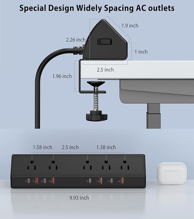 Desk Clamp Power Strip 65W Fast Charging Station,4 PD USB-C,5 Outlets,Nightstand Desk Edge Mount Tower Surge Protector,15 Amp Heavy Duty Power Strip,Fits 1.96" Tabletop Edge (Black, 10 FT Cable)