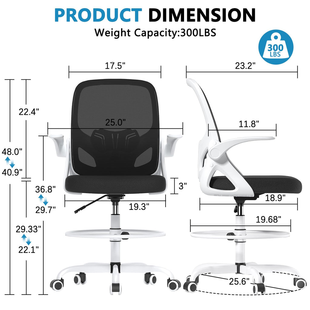 Kensaker Drafting Chair Tall Office Chair, Ergonomic Standing Desk Chair with Adjustable Foot Ring and Flip-up Armrests, Mesh Computer Chair for Art Studio, 300 LBS, White