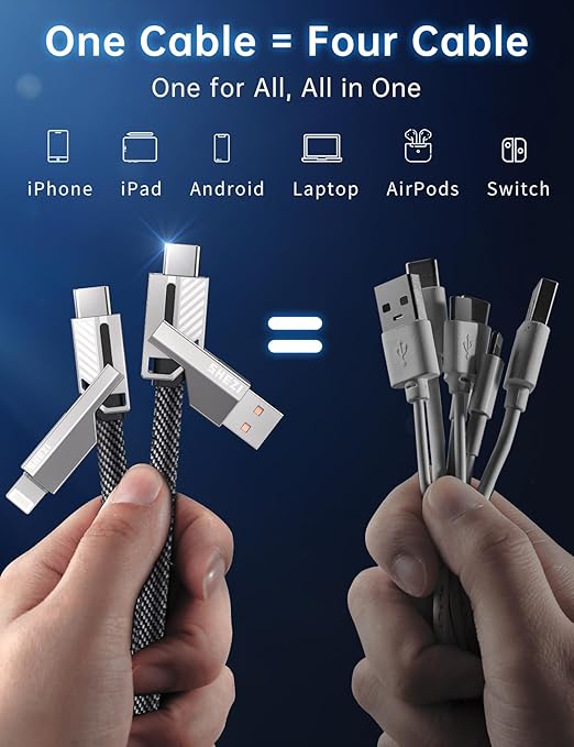 [One is Enough] 4-in-1 Compatible with USB C to Lightning Cable, 100W High-Speed Charging & Fast Data Transfer,CarPlay & Android Auto Support Multi Charger Cord Combo for iPhone/Samsung/iPad,5FT