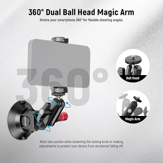 NEEWER 3" Suction Cup Mount with Phone Holder Action Camera Adapter Compatible with iPhone GoPro DJI Insta360, Ball Head Magic Arm Cleaning Cloth Quick Release Car Mount for POV Video Recording, CA104