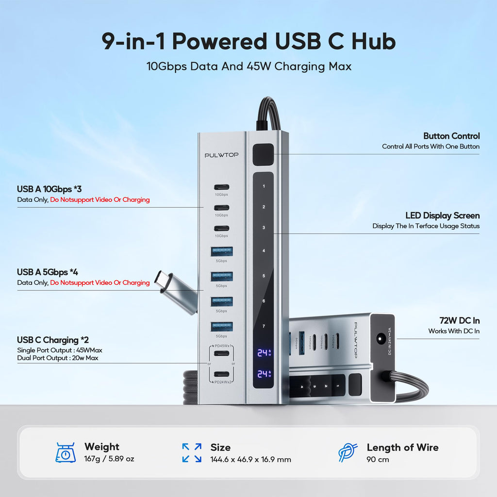 Powered USB C Hub, 9-in-1 USB-Hub suppprt 10Gbps & PD 45W Max Charging