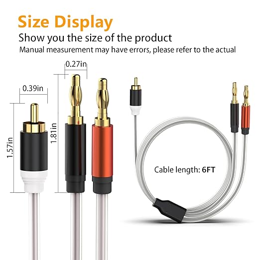 HOSONGIN RCA to Banana Plug Speaker Cable 6 Feet -2 Pack, Gold-Plated Dual-Shielding Hi-Fi Stereo Cable for Home Theater/Amplifier/Subwoofer/Speaker/Audio Receiver/Vinyl Record Player/SoundBar