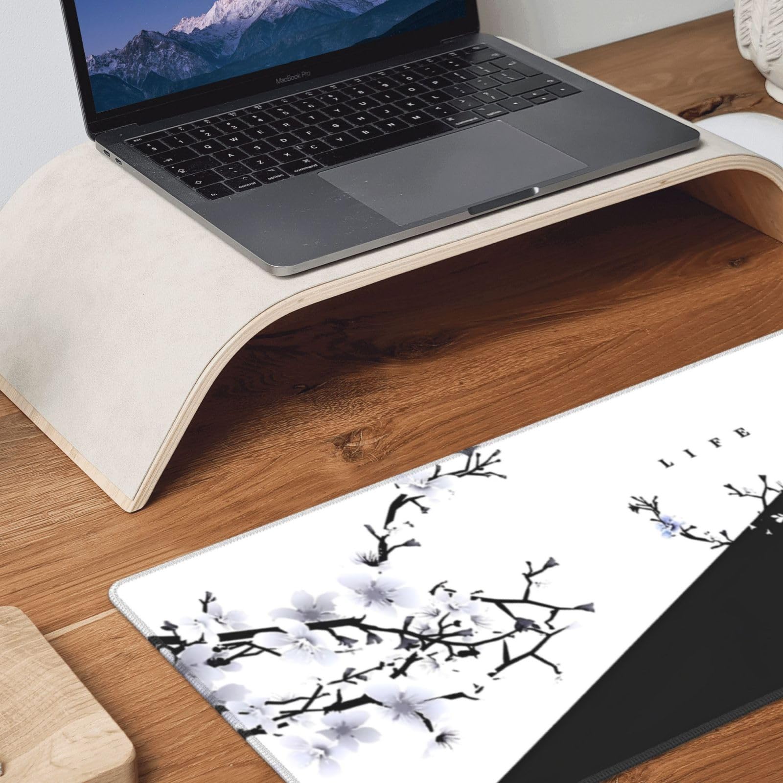 Japanese Life Death Keyboard Mat, Black White Japanese Anime Gaming Mouse Pad for Desk with Anti-Slip Rubber Base and Stitched Edges, Japanese Sakura Pagoda Sun Mouse Pad