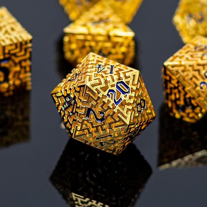 Golden Metal Hollow DND Dice Set (Paladin) Metallic Luster Maze Design with Storage Box - Balanced Weight 7 Piece Zinc Alloy, Designed for Dungeons and Dragons DM Player RPG Accessories