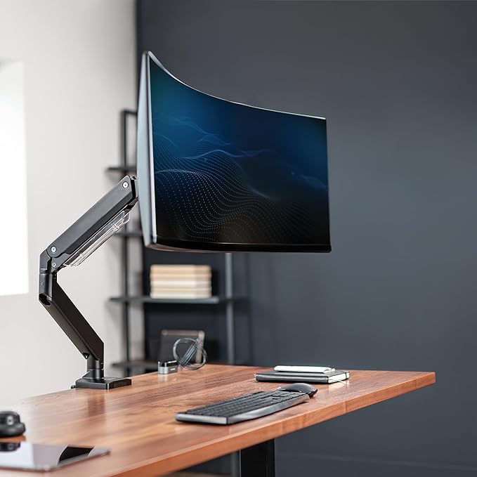 VIVO Premium Aluminum Monitor Arm for Ultrawide Screens up to 49 inches and 33 lbs, Heavy Duty Single Desk Mount, Pneumatic Height, Max VESA 100x100, Black, STAND-V101G1