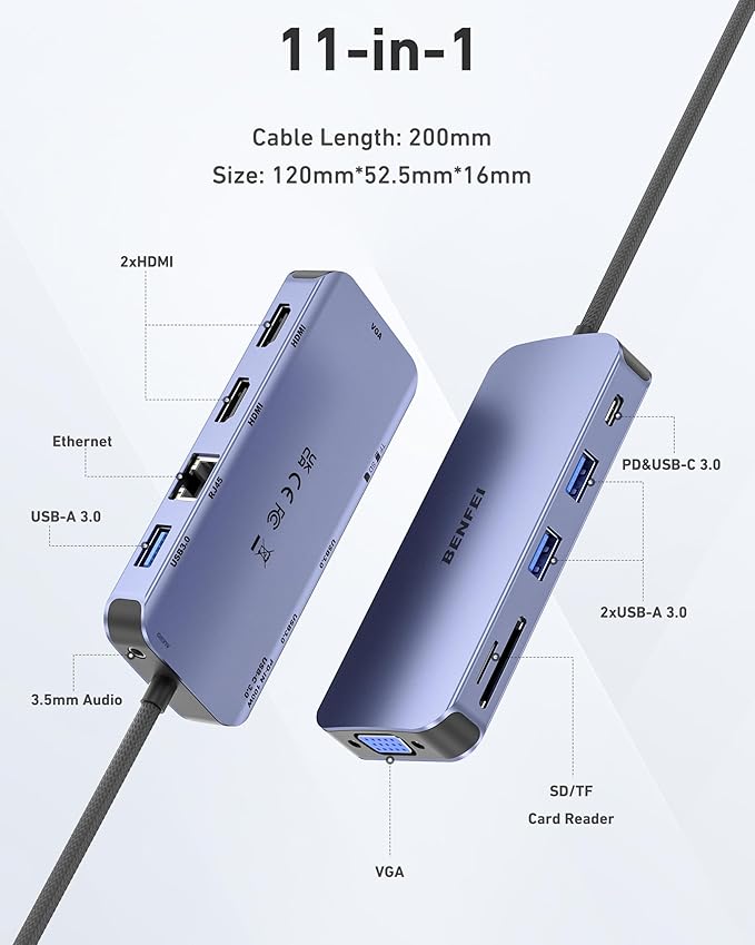 BENFEI 11-in-1 USB C Hub Triple Display Docking Station Dual HDMI, VGA, 3*USB 3.0, 1Gbps Ethernet, 100W Power Delivery, SD/TF Card Reader, 3.5mm AUX Audio Compatible with MacBook XPS Surface