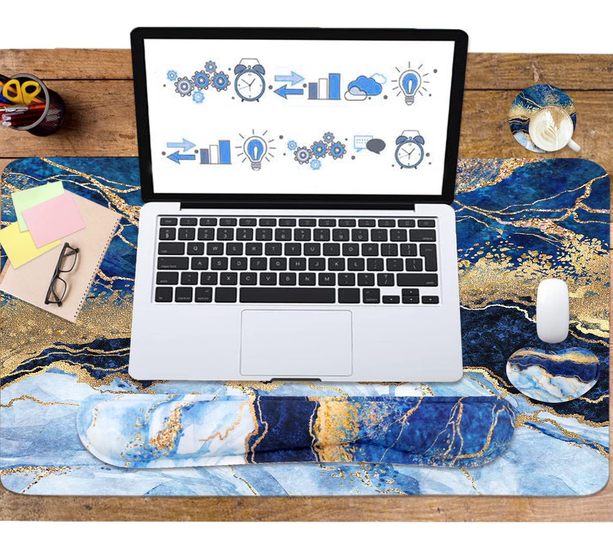 4-in-1 Large Gaming Mouse Pad, Keyboard Wrist Rest Pad & Wrist Support Mousepad Set, Extended Desk Pad Waterproof Desk Mat for Home Office Study Game - Blue Gold Marble