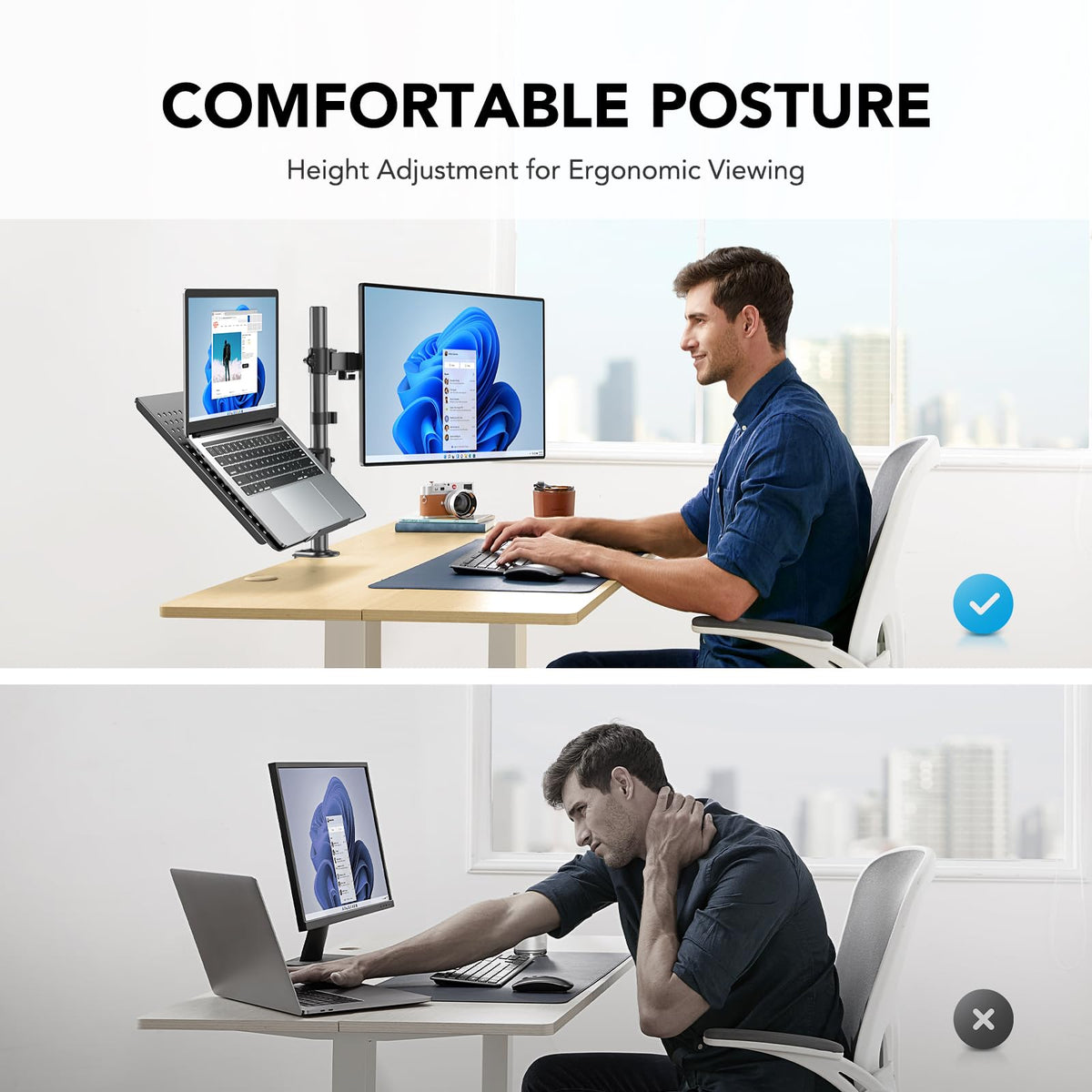 HUANUO Adjustable Monitor Arm with Laptop Tray, Single Desk Mount for 13-32" VESA Monitors up to 22 lbs, 14" x 12" Laptop Tray