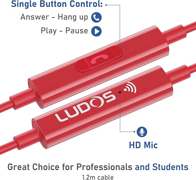 LUDOS OMNITONE USB C Headphones for iPhone 16 15 Pro Max Plus iPad Pro, 5 Years Warranty, USB-C Earbuds for Samsung Galaxy S24 S23 Ultra S22 S21 S20 A55 A54 A53, USB Type C Earphones - Red